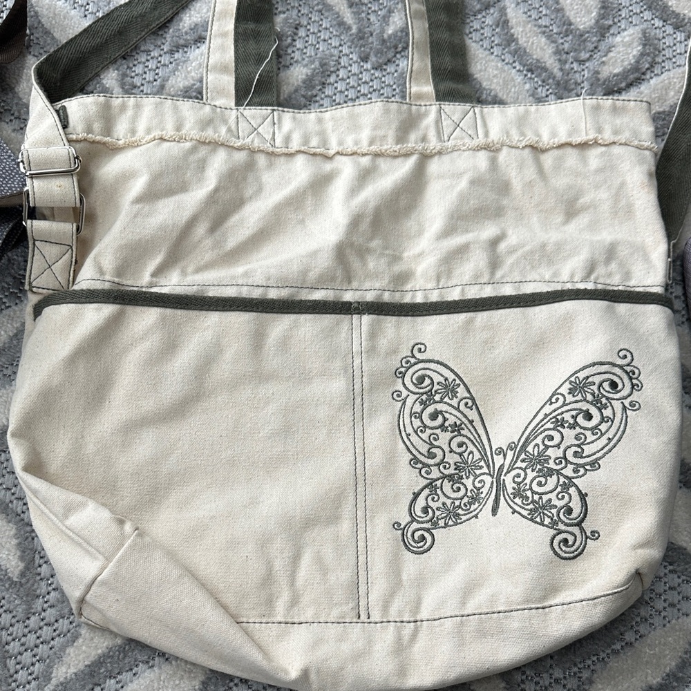 Thirty-One Canvas Tote with Butterfly Design - Cream and Gray